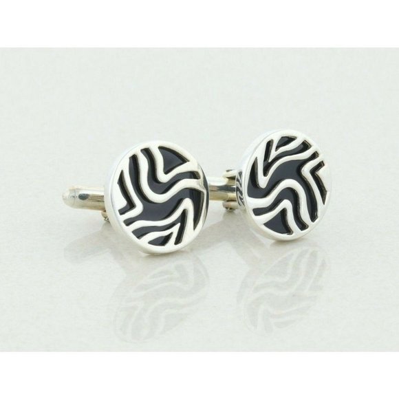 Men's Sterling Silver and Black Bullet Back Cufflinks - Picture 6 of 6